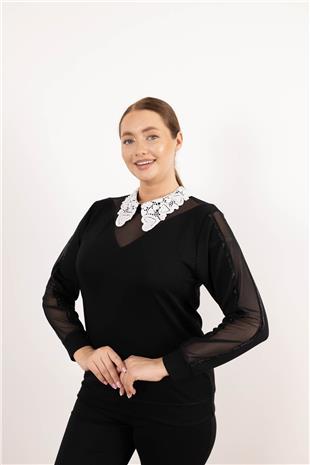 Yaka Boncuk Ve Tül Detaylı Kolları Taş Baskılı Bluz