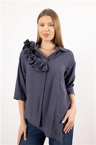 Yaka Büzgü Ve Kol Büzgü Detaylı Kısa Kollu Gömlek