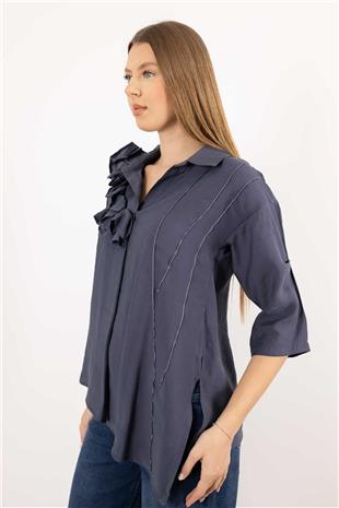 Yaka Büzgü Ve Kol Büzgü Detaylı Kısa Kollu Gömlek