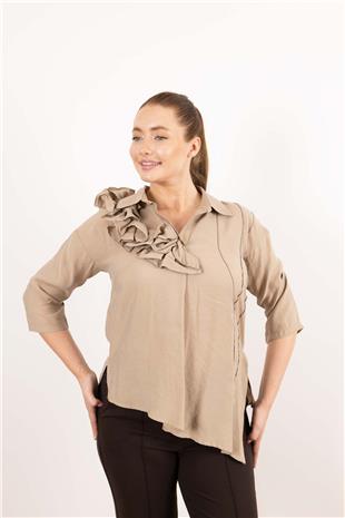 Yaka Büzgü Ve Kol Büzgü Detaylı Kısa Kollu Gömlek