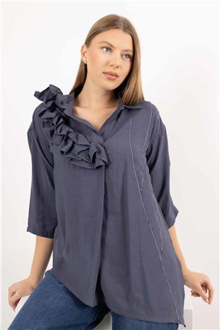 Yaka Büzgü Ve Kol Büzgü Detaylı Kısa Kollu Gömlek