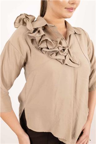 Yaka Büzgü Ve Kol Büzgü Detaylı Kısa Kollu Gömlek