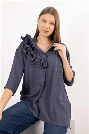 Yaka Büzgü Ve Kol Büzgü Detaylı Kısa Kollu Gömlek