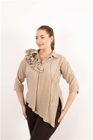 Yaka Büzgü Ve Kol Büzgü Detaylı Kısa Kollu Gömlek