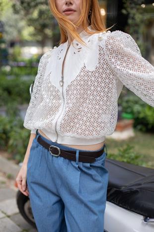 Yaka Detay Boncuk Baskılı Fisto Ceket