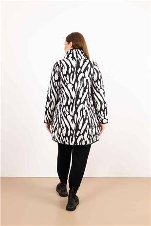 Yaka Detay Çıtçıtlı Cepli Siyah Beyaz Desenli Mont