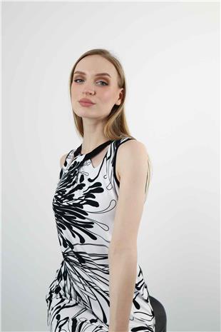 Yaka Detay Kolsuz Midi Elbise