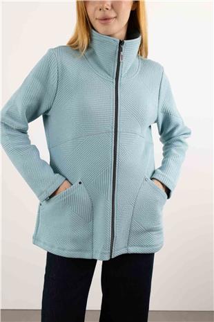 Yaka Detaylı Fermuarlı Cepli Şerit Desenl Örme Ceket