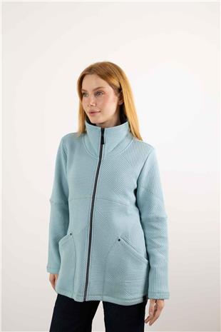 Yaka Detaylı Fermuarlı Cepli Şerit Desenl Örme Ceket