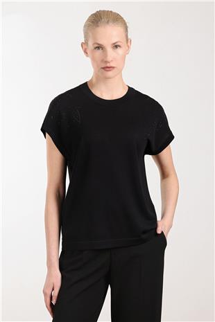 Yaka Fermuar Detay Taş Baskılı Sıfır Kollu Kadın Bluz