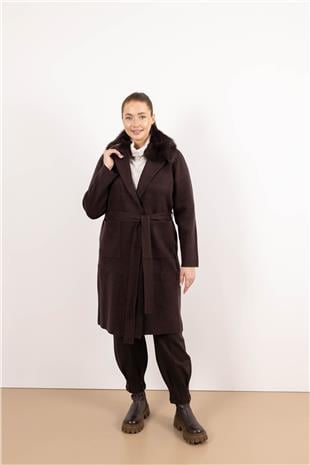 Yaka Kürk Detaylı Cepli Uzun Kollu Hırka