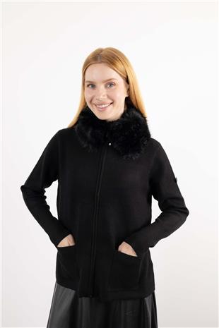 Yaka Pelüş Detaylı Cepli Fermuarlı Uzun Kollu Hırka