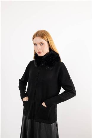 Yaka Pelüş Detaylı Cepli Fermuarlı Uzun Kollu Hırka