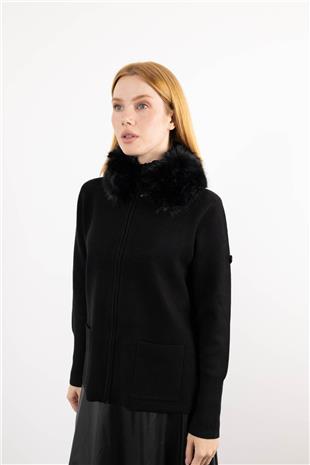 Yaka Pelüş Detaylı Cepli Fermuarlı Uzun Kollu Hırka