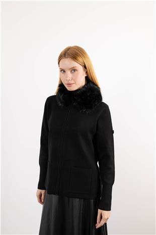 Yaka Pelüş Detaylı Cepli Fermuarlı Uzun Kollu Hırka