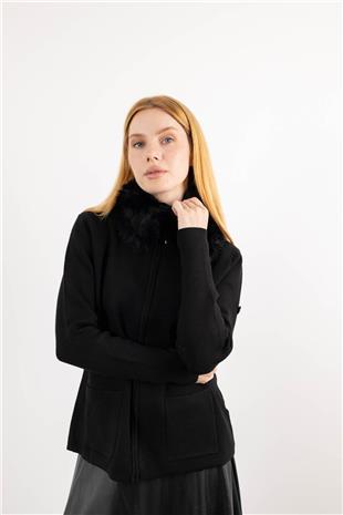 Yaka Pelüş Detaylı Cepli Fermuarlı Uzun Kollu Hırka