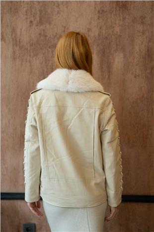 Yaka Pelüş Detaylı Deri Ceket