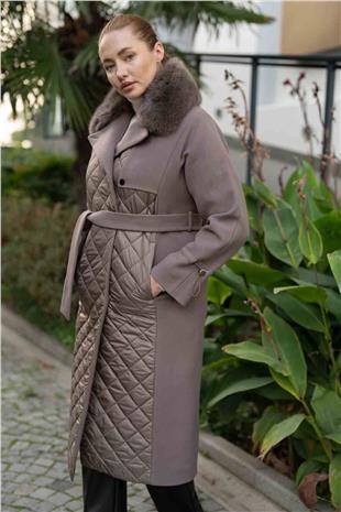 Yaka Pelüş Detaylı Kapütone Desen Detaylı Uzun Kaban