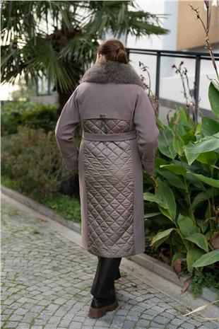 Yaka Pelüş Detaylı Kapütone Desen Detaylı Uzun Kaban