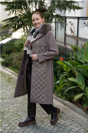 Yaka Pelüş Detaylı Kapütone Desen Detaylı Uzun Kaban