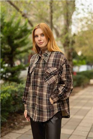 Yaka Taş Baskı Detaylı İçi Pelüş Oduncu Gömlek