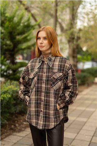 Yaka Taş Baskı Detaylı İçi Pelüş Oduncu Gömlek