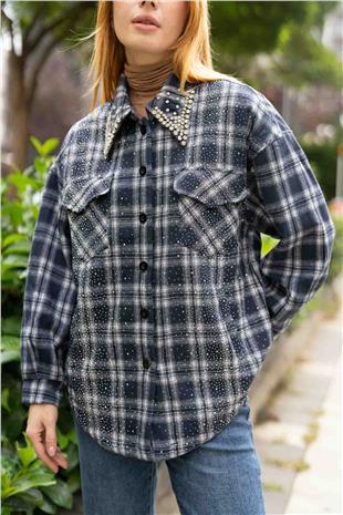 Yaka Taş Baskı Detaylı İçi Pelüş Oduncu Gömlek