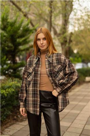 Yaka Taş Baskı Detaylı İçi Pelüş Oduncu Gömlek