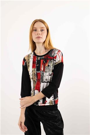 Yaka Taş Baskı Ve Yazı Desenli Örme Bluz