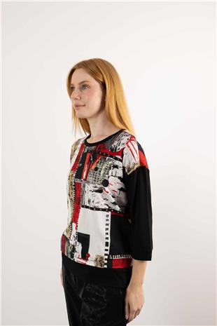 Yaka Taş Baskı Ve Yazı Desenli Örme Bluz