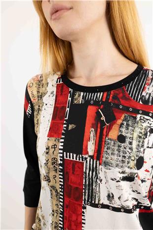 Yaka Taş Baskı Ve Yazı Desenli Örme Bluz