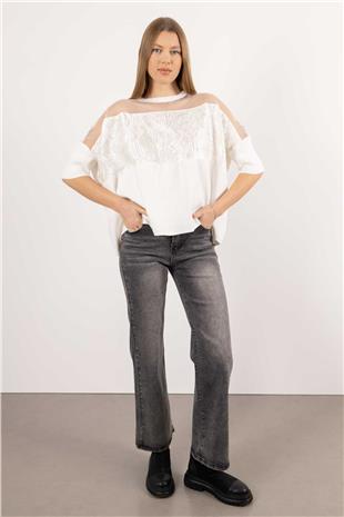 Yaka Tül Detaylı Önü Astar Desenli Triko