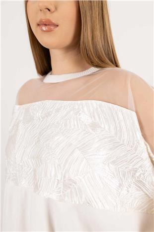 Yaka Tül Detaylı Önü Astar Desenli Triko