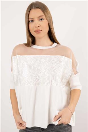 Yaka Tül Detaylı Önü Astar Desenli Triko