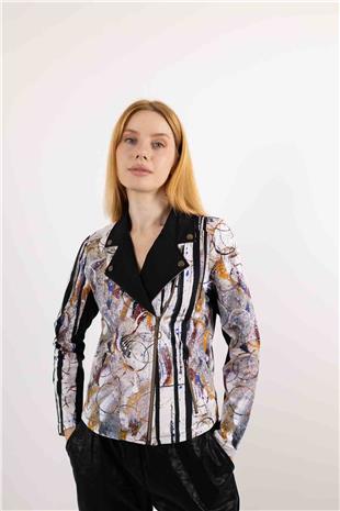 Yaka Ve Fermuar Detaylı Karışık Desenli Uzun Kollu Ceket