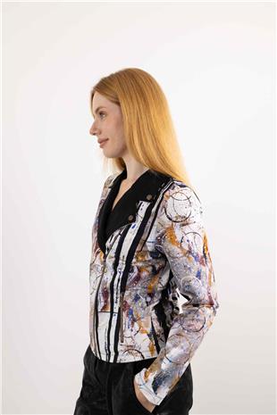 Yaka Ve Fermuar Detaylı Karışık Desenli Uzun Kollu Ceket