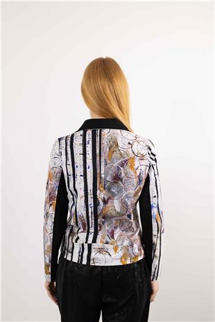 Yaka Ve Fermuar Detaylı Karışık Desenli Uzun Kollu Ceket