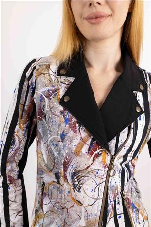 Yaka Ve Fermuar Detaylı Karışık Desenli Uzun Kollu Ceket