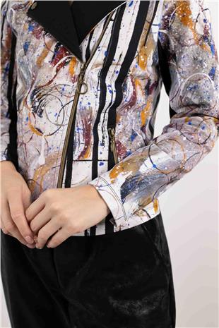 Yaka Ve Fermuar Detaylı Karışık Desenli Uzun Kollu Ceket