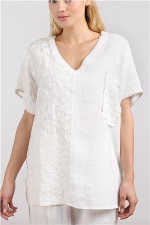 Yaka Ve Kol  Garnili İşleme Detaylı Kadın Bluz