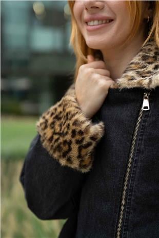 Yaka Ve Kol Ucu Leopar Detaylı Kot Ceket