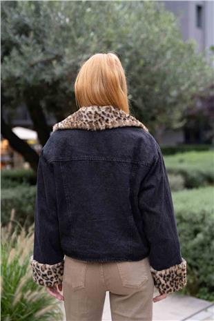 Yaka Ve Kol Ucu Leopar Detaylı Kot Ceket