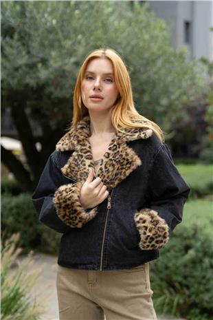 Yaka Ve Kol Ucu Leopar Detaylı Kot Ceket