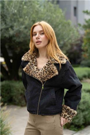 Yaka Ve Kol Ucu Leopar Detaylı Kot Ceket