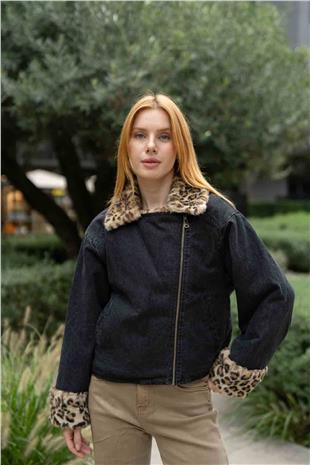 Yaka Ve Kol Ucu Leopar Detaylı Kot Ceket