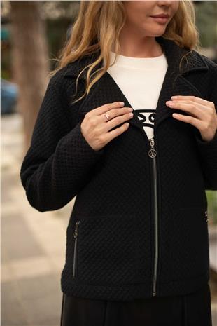 Fermuarlı Ve Cepli  Beli Lastikli Örme Hırka