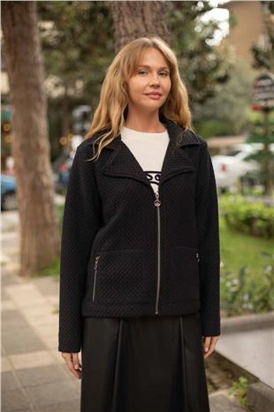 Fermuarlı Ve Cepli  Beli Lastikli Örme Hırka