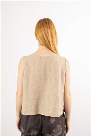 Yakası Düğme Detaylı Keten Bluz