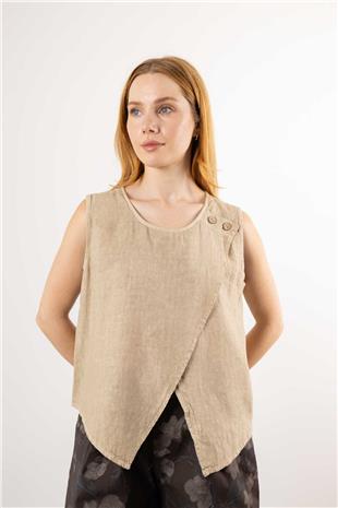 Yakası Düğme Detaylı Keten Bluz