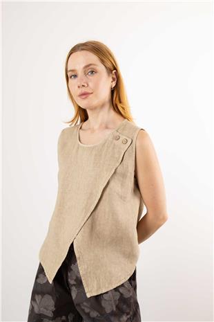 Yakası Düğme Detaylı Keten Bluz